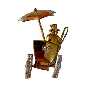 Vintage Buggy Carriage & Driver Umbrella‎ Goldtone Brooch WHIMSICAL
